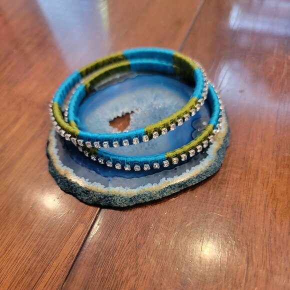 Rich India Turquoise Blue/Green Satin Crystal Fabric Wrapped Brass Bangle - Picture 1 of 7